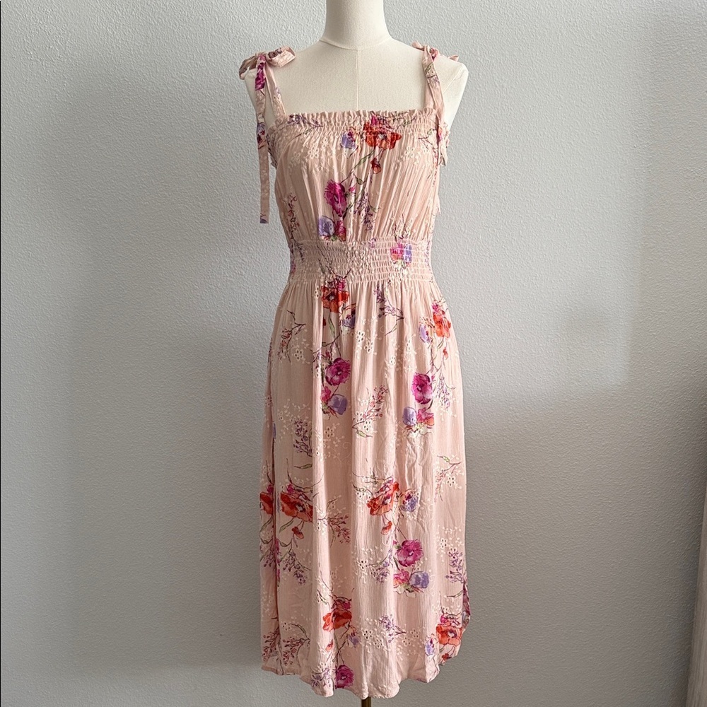 NWT Lovestitch Floral Smocked Tie Straps Midi Dress Boho Cottagecore Size M
